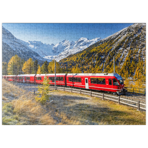 puzzleplate Rhätische Bahn am Berninapass mit Blick ins Tal Val Morteratsch 500 Puzzle
