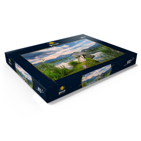 Darstellung des Puzzle Motivs Bootshütte am Kochelsee gegen Jochberg und Herzogstand, Schlehdorf - Puzzleteile: 100