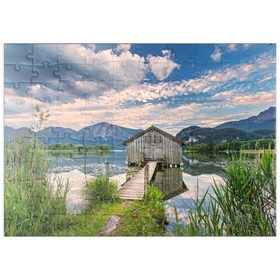 Darstellung des Puzzle Motivs Bootshütte am Kochelsee gegen Jochberg und Herzogstand, Schlehdorf - Puzzleteile: 100
