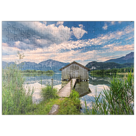Darstellung des Puzzle-Motivs Bootshütte am Kochelsee gegen Jochberg und Herzogstand, Schlehdorf – Puzzleteile: 200