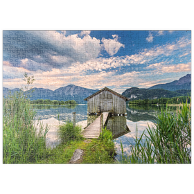 Darstellung des Puzzle-Motivs Bootshütte am Kochelsee gegen Jochberg und Herzogstand, Schlehdorf – Puzzleteile: 500