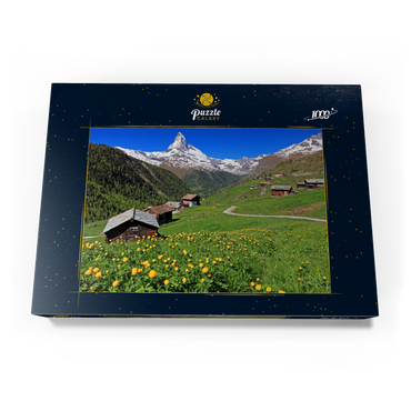 Frühlingswiese mit Trollblumen (Trollius europaeus) beim Weiler Findeln gegen Matterhorn (4478m), Zermatt 1000 Puzzle Schachtel Ansicht3