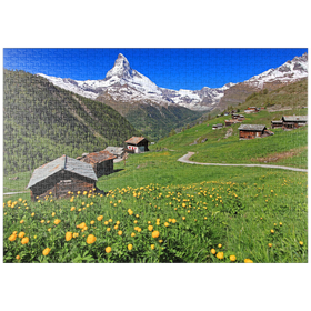 Darstellung des Puzzle-Motivs Frühlingswiese mit Trollblumen (Trollius europaeus), Zermatt – Puzzleteile: 1000