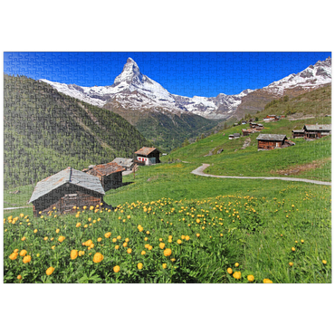 puzzleplate Frühlingswiese mit Trollblumen (Trollius europaeus) beim Weiler Findeln gegen Matterhorn (4478m), Zermatt 1000 Puzzle