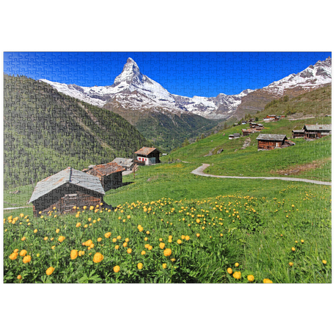 puzzleplate Frühlingswiese mit Trollblumen (Trollius europaeus) beim Weiler Findeln gegen Matterhorn (4478m), Zermatt 1000 Puzzle
