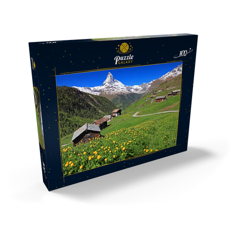 Frühlingswiese mit Trollblumen (Trollius europaeus) beim Weiler Findeln gegen Matterhorn (4478m), Zermatt 100 Puzzle Schachtel Ansicht2