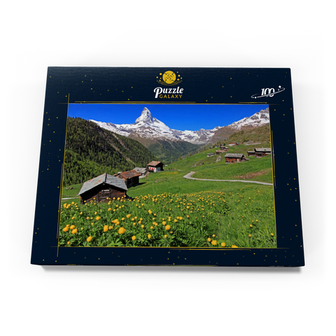 Frühlingswiese mit Trollblumen (Trollius europaeus) beim Weiler Findeln gegen Matterhorn (4478m), Zermatt 100 Puzzle Schachtel Ansicht3