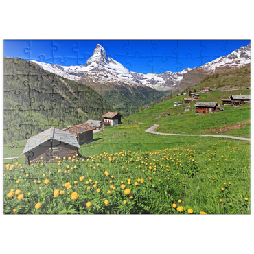 puzzleplate Frühlingswiese mit Trollblumen (Trollius europaeus) beim Weiler Findeln gegen Matterhorn (4478m), Zermatt 100 Puzzle