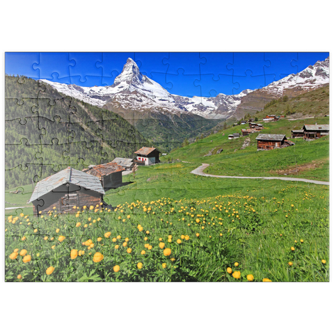 puzzleplate Frühlingswiese mit Trollblumen (Trollius europaeus) beim Weiler Findeln gegen Matterhorn (4478m), Zermatt 100 Puzzle