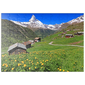 Darstellung des Puzzle Motivs Frühlingswiese mit Trollblumen (Trollius europaeus), Zermatt - Puzzleteile: 100