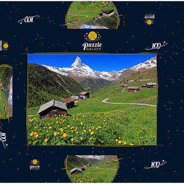 Frühlingswiese mit Trollblumen (Trollius europaeus) beim Weiler Findeln gegen Matterhorn (4478m), Zermatt 100 Puzzle Schachtel 3D Modell