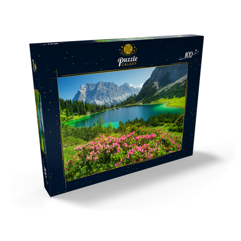 Blühende Alpenrosen am Seebensee im Wandergebiet der Ehrwalder Alm, Tiroler Zugspitz Arena 100 Puzzle Schachtel Ansicht2