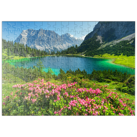 Darstellung des Puzzle-Motivs Blühende Alpenrosen am Seebensee, Tiroler Zugspitz Arena – Puzzleteile: 200