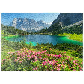 Darstellung des Puzzle-Motivs Blühende Alpenrosen am Seebensee, Tiroler Zugspitz Arena – Puzzleteile: 500