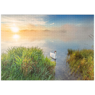puzzleplate Sonnenaufgang mit Schwan am Riegsee bei Murnau 1000 Puzzle