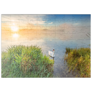 puzzleplate Sonnenaufgang mit Schwan am Riegsee bei Murnau 100 Puzzle