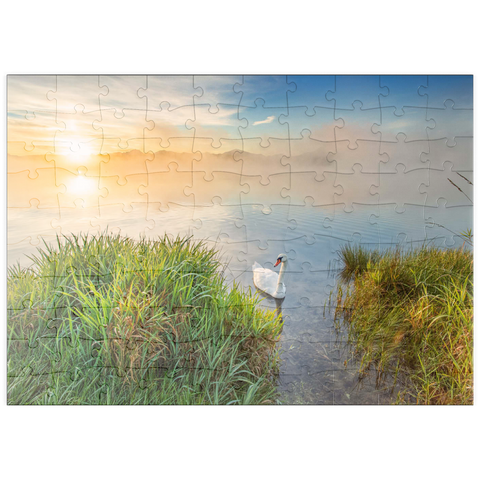 puzzleplate Sonnenaufgang mit Schwan am Riegsee bei Murnau 100 Puzzle