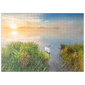 Darstellung des Puzzle Motivs Sonnenaufgang mit Schwan am Riegsee bei Murnau - Puzzleteile: 500