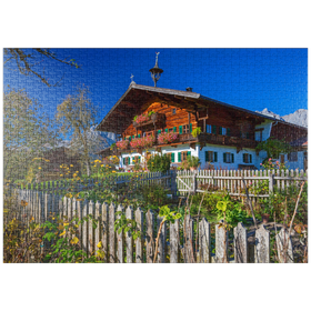 Darstellung des Puzzle-Motivs Bauernhaus gegen Kaisergebirge (2344m), Reith bei Kitzbühel, Österreich – Puzzleteile: 1000