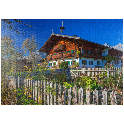 puzzleplate Bauernhaus gegen Kaisergebirge (2344m), Reith bei Kitzbühel, Österreich 1000 Puzzle