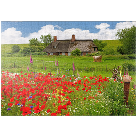 Darstellung des Puzzle-Motivs Sommerwiese mit Mohnblumen und Bauernkate bei Westerhever – Puzzleteile: 1000