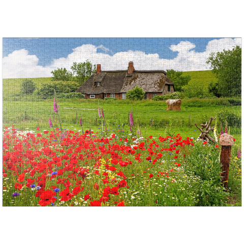 puzzleplate Sommerwiese mit Mohnblumen und Bauernkate bei Westerhever 1000 Puzzle