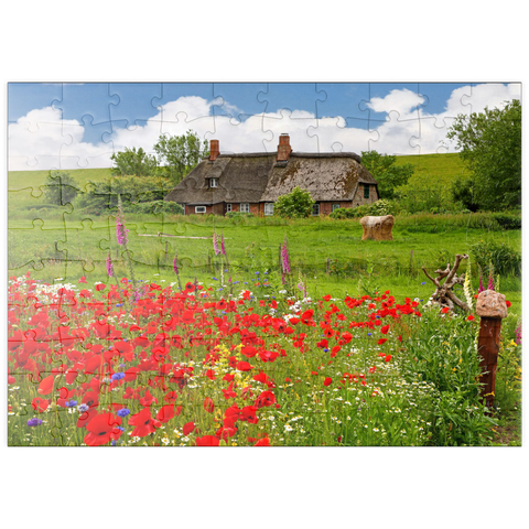 puzzleplate Sommerwiese mit Mohnblumen und Bauernkate bei Westerhever 100 Puzzle