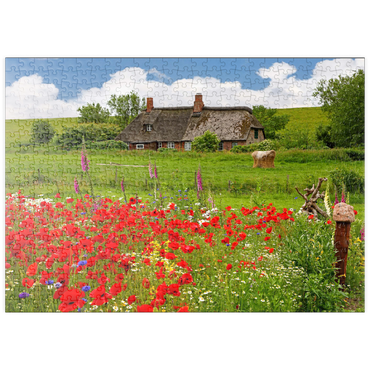 puzzleplate Sommerwiese mit Mohnblumen und Bauernkate bei Westerhever 500 Puzzle