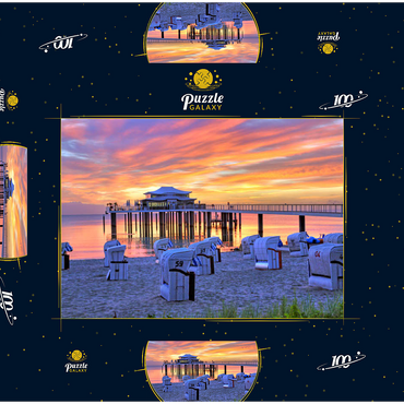 Strand mit Strandkörben und Seebrücke mit Mikado Teehaus im Morgenrot 100 Puzzle Schachtel 3D Modell
