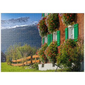 Darstellung des Puzzle-Motivs Bauernhaus bei Riezlern und Hoher Ifen (2230m), Kleines Walsertal – Puzzleteile: 1000