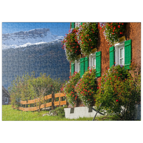 puzzleplate Bauernhaus bei Riezlern und Hoher Ifen (2230m), Kleines Walsertal 500 Puzzle