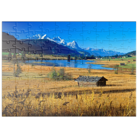 Darstellung des Puzzle Motivs Geroldsee gegen Zugspitzgruppe bei Mittenwald - Puzzleteile: 100