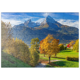 Darstellung des Puzzle Motivs Bischofswiesen nahe Berchtesgaden mit Blick zum Watzmann - Puzzleteile: 100