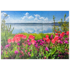 Darstellung des Puzzle Motivs Seepromenade in Überlingen am Bodensee im Frühling zur Tulpenblüte - Puzzleteile: 100