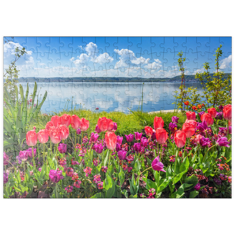 puzzleplate Seepromenade in Überlingen am Bodensee im Frühling zur Tulpenblüte 200 Puzzle