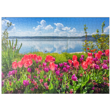 puzzleplate Seepromenade in Überlingen am Bodensee im Frühling zur Tulpenblüte 500 Puzzle