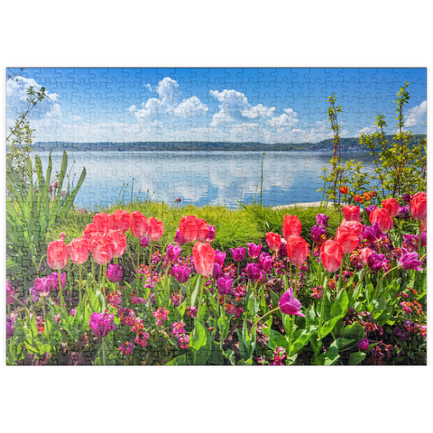 puzzleplate Seepromenade in Überlingen am Bodensee im Frühling zur Tulpenblüte 500 Puzzle