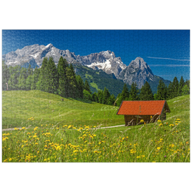 Darstellung des Puzzle-Motivs Am Gschwandtnerbauer gegen Zugspitzgruppe, Garmisch-Partenkirchen – Puzzleteile: 1000