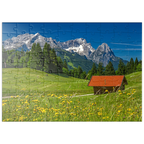 puzzleplate Am Gschwandtnerbauer (1020m) gegen Zugspitzgruppe (2962m), Garmisch-Partenkirchen 100 Puzzle