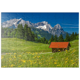 Darstellung des Puzzle Motivs Am Gschwandtnerbauer gegen Zugspitzgruppe, Garmisch-Partenkirchen - Puzzleteile: 100