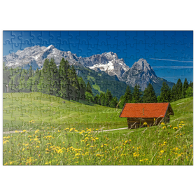 Darstellung des Puzzle-Motivs Am Gschwandtnerbauer gegen Zugspitzgruppe, Garmisch-Partenkirchen – Puzzleteile: 200