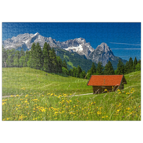 Darstellung des Puzzle-Motivs Am Gschwandtnerbauer gegen Zugspitzgruppe, Garmisch-Partenkirchen – Puzzleteile: 500