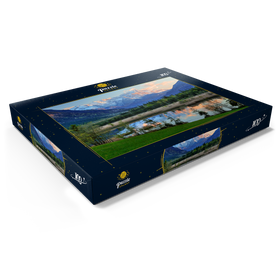 Darstellung des Puzzle Motivs Sieben Quellen im Loisachtal bei Eschenlohe gegen Zugspitzgruppe im Abendlicht - Puzzleteile: 100