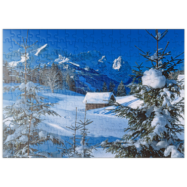 puzzleplate Am Gschwandtnerbauer gegen Zugspitzgruppe (2962m) bei Garmisch-Partenkirchen 200 Puzzle
