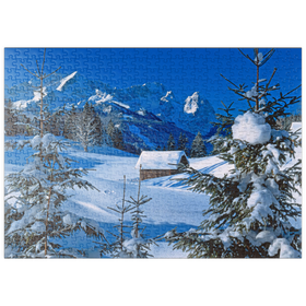 Darstellung des Puzzle-Motivs Am Gschwandtnerbauer gegen Zugspitzgruppe (2962m) bei Garmisch-Partenkirchen – Puzzleteile: 500