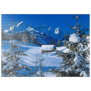 puzzleplate Am Gschwandtnerbauer gegen Zugspitzgruppe (2962m) bei Garmisch-Partenkirchen 500 Puzzle