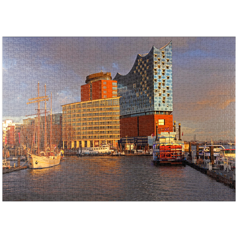 puzzleplate Schiffsanleger an der Überseebrücke mit Blick über die Elbe zur Elbphilharmonie in der HafenCity, Hamburg, Deutschland 1000 Puzzle