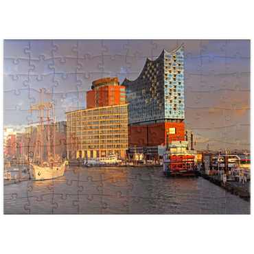 puzzleplate Schiffsanleger an der Überseebrücke mit Blick über die Elbe zur Elbphilharmonie in der HafenCity, Hamburg, Deutschland 100 Puzzle