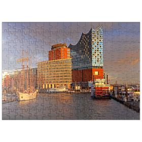 Darstellung des Puzzle-Motivs Schiffsanleger an der Überseebrücke mit Blick über die Elbe zur Elbphilharmonie, Hamburg – Puzzleteile: 200