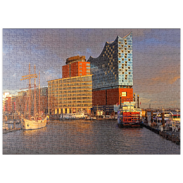 puzzleplate Schiffsanleger an der Überseebrücke mit Blick über die Elbe zur Elbphilharmonie in der HafenCity, Hamburg, Deutschland 500 Puzzle